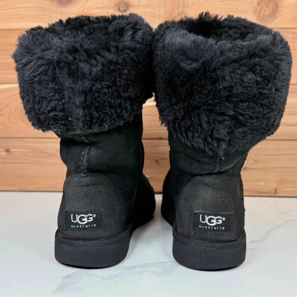 Black UGG Australia Tall Boots Sheepskin Fur Lined Fold‎ Over Cuff Women's 7